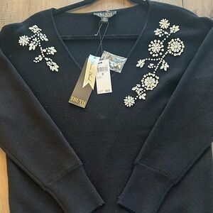 Truth Black V-Neck Sweater with Floral Embellishments